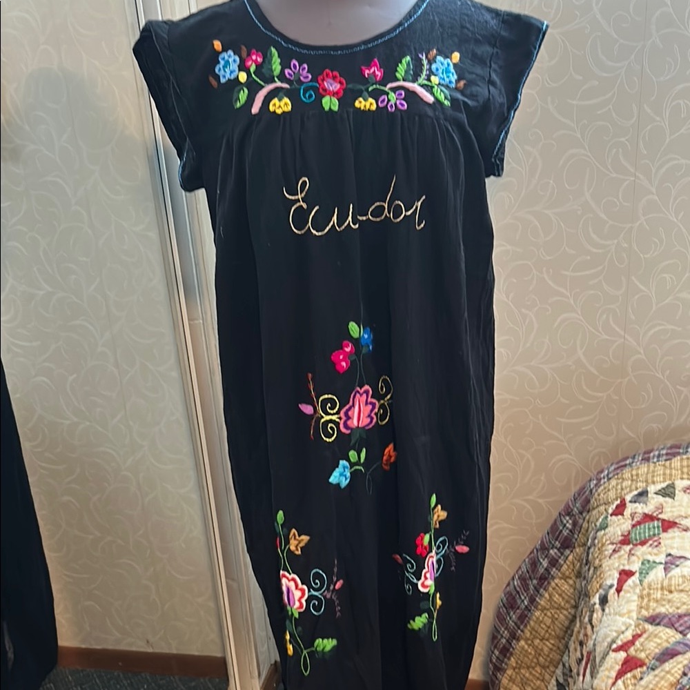 Black Embroidered Ecuador Dress with Colorful Floral Design